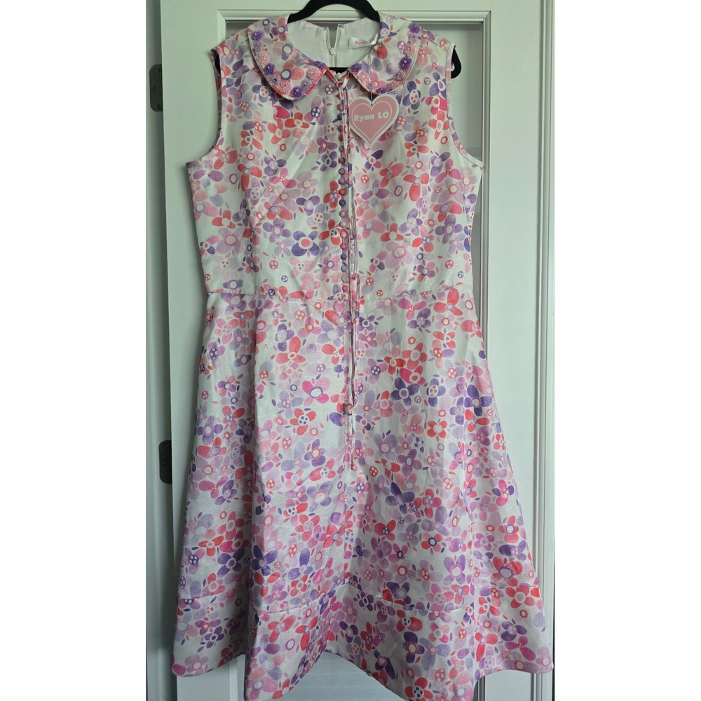 Ryan LO Floral Sleeveless Midi Dress Pink Purple XXXL Peterpan Collar Designer
